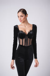 Velour corset jumpsuit with lace trim details